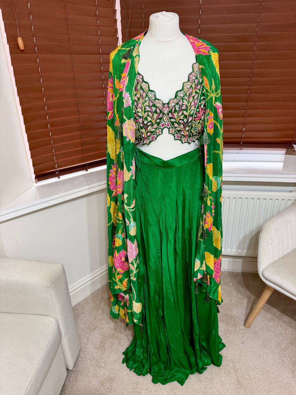 Green Sharara Set with Cropped Embroidered Blouse & Floral Printed Cape