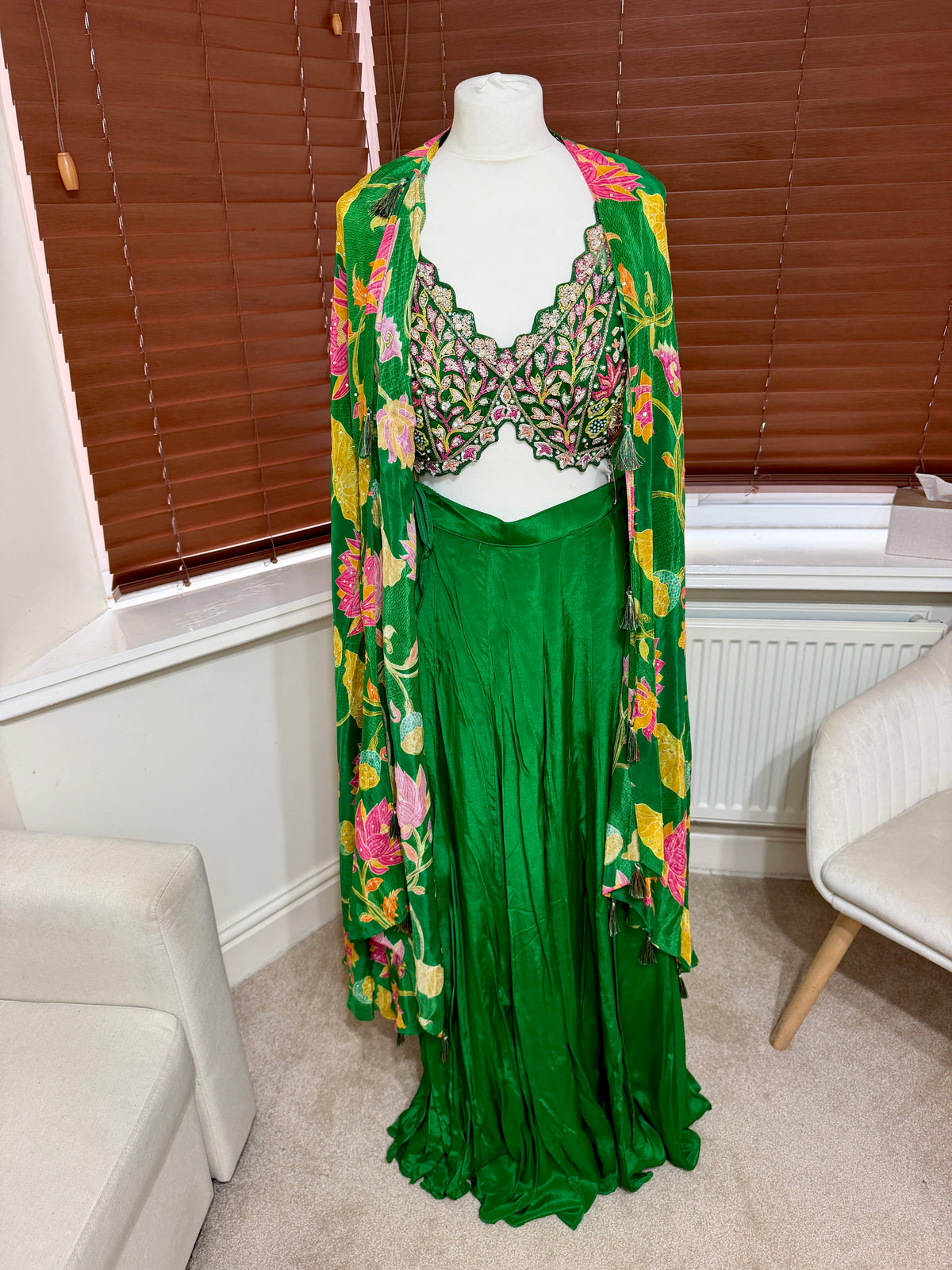 Green Sharara Set with Cropped Embroidered Blouse & Floral Printed Cape