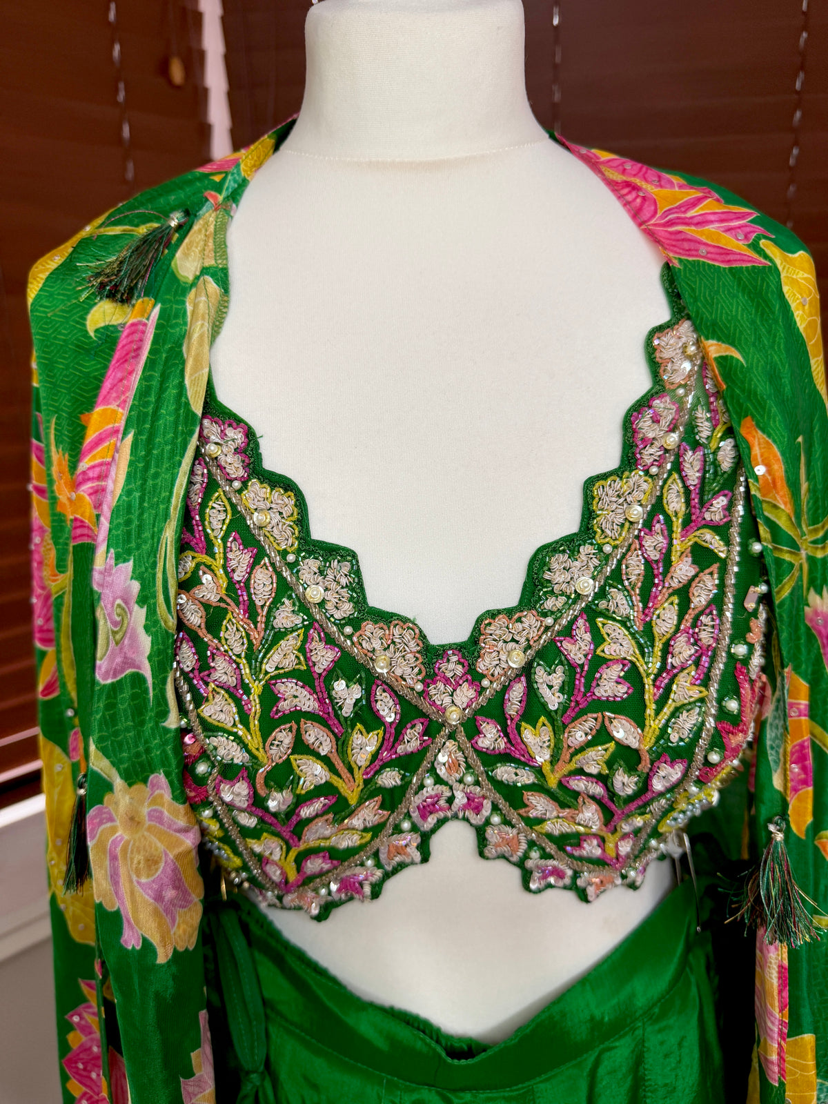 Green Sharara Set with Cropped Embroidered Blouse & Floral Printed Cape