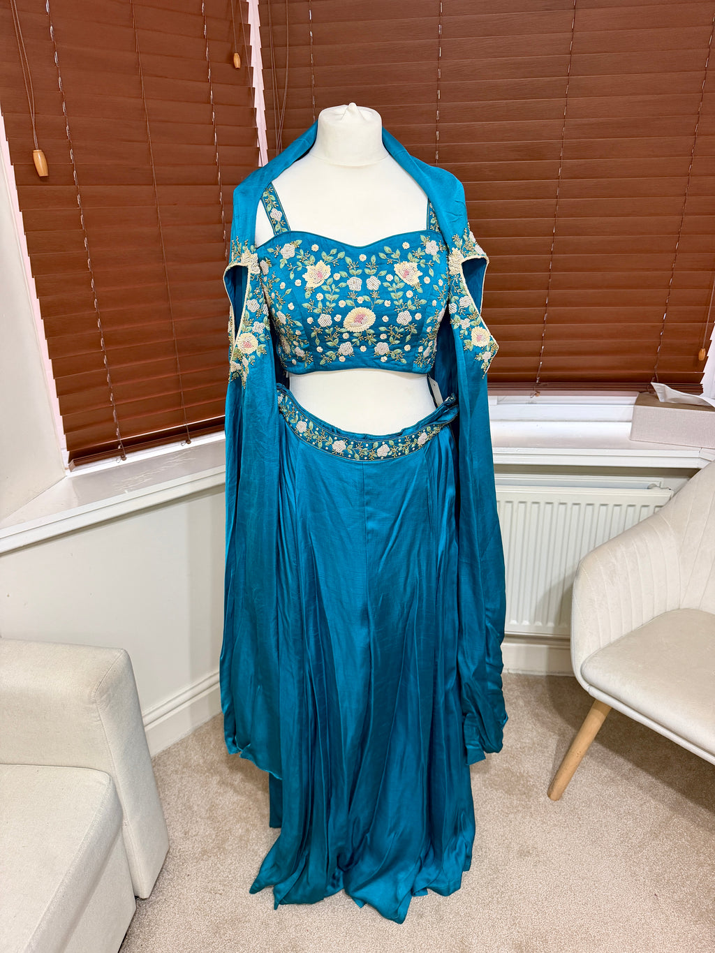 Turquoise 3 Piece Trousers, Blouse & Cape with Embroidery