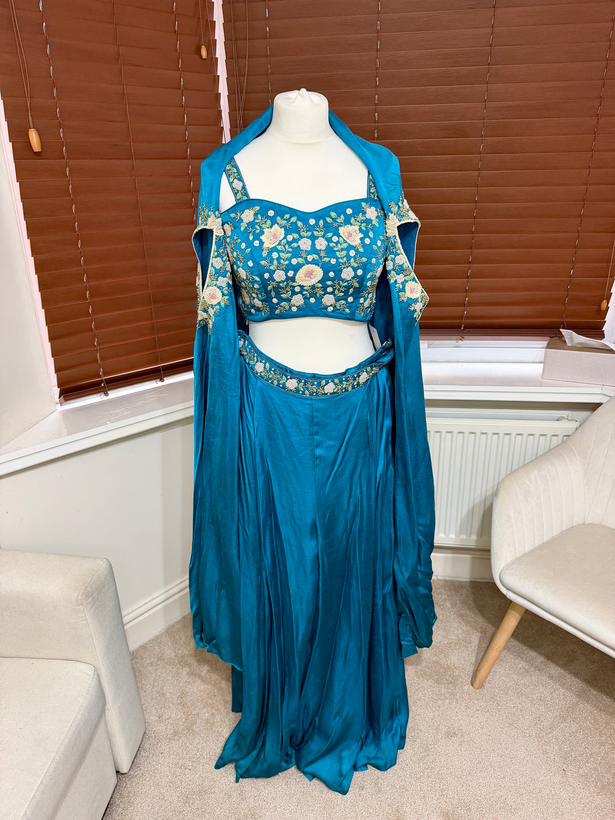 Turquoise 3 Piece Trousers, Blouse & Cape with Embroidery