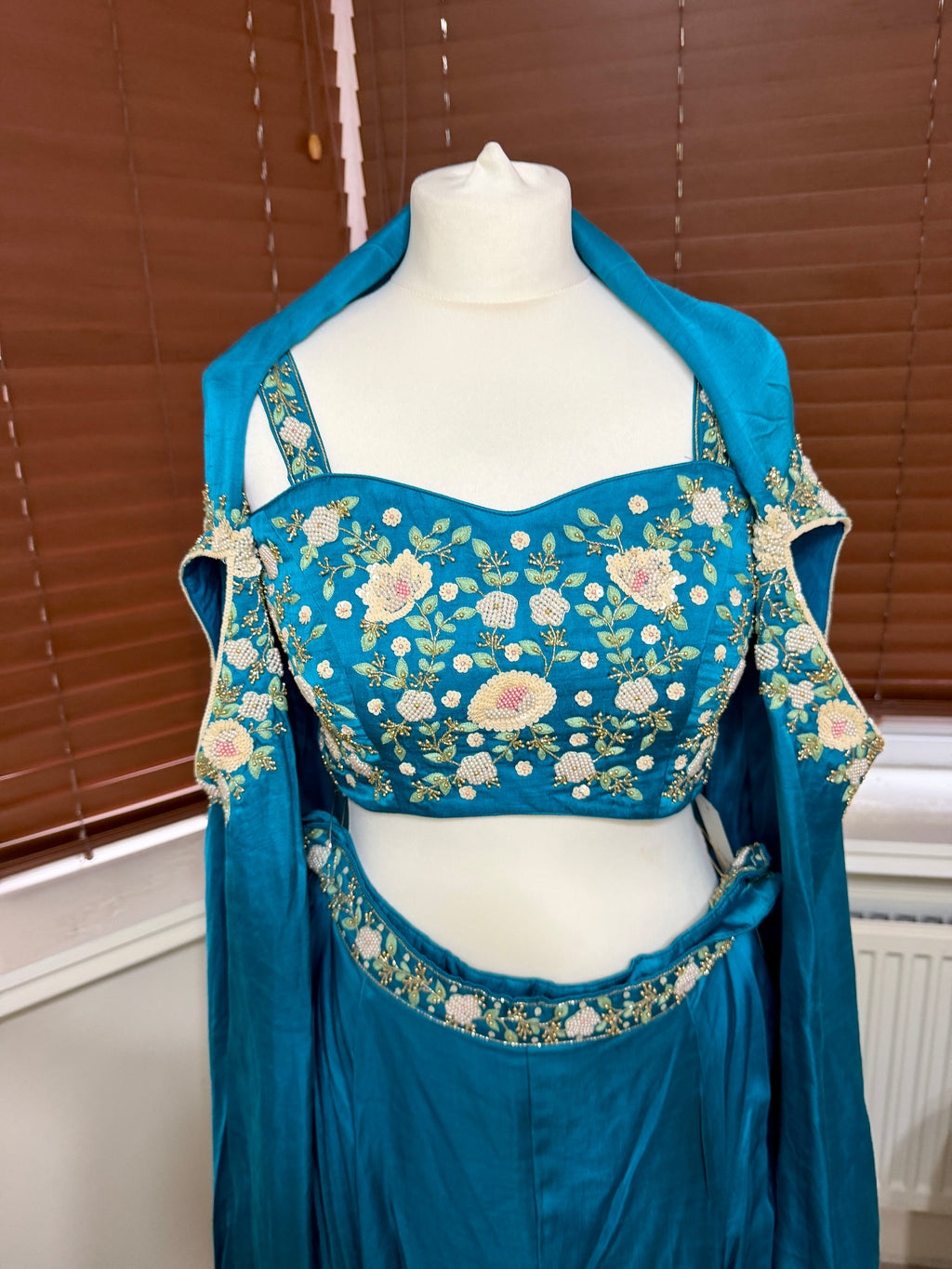 Turquoise 3 Piece Trousers, Blouse & Cape with Embroidery
