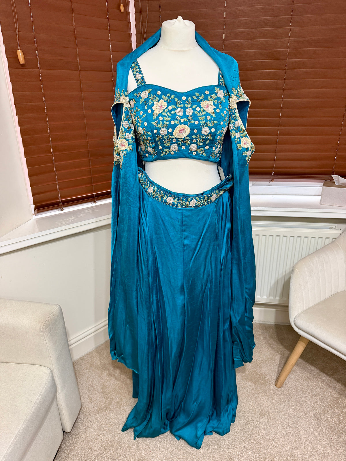 Turquoise 3 Piece Trousers, Blouse & Cape with Embroidery