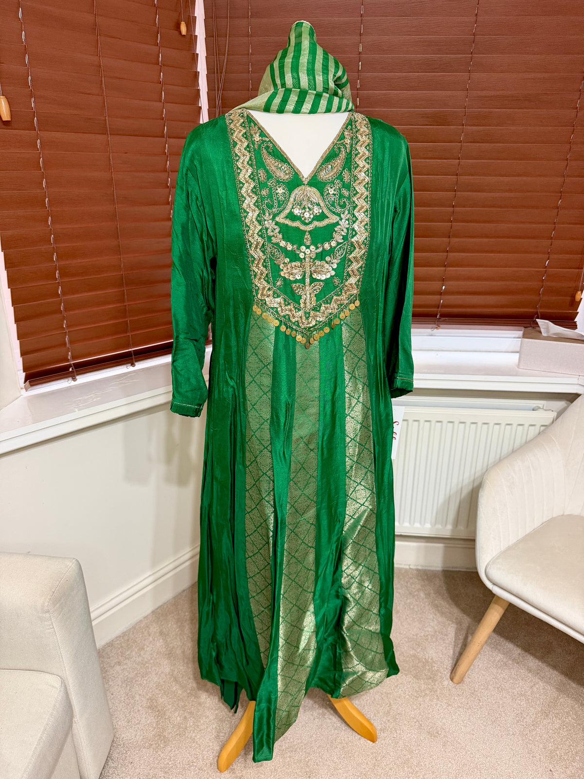 Green Long Kaftan with Gold Embroidery