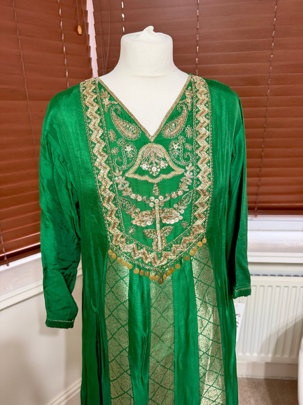 Green Long Kaftan with Gold Embroidery