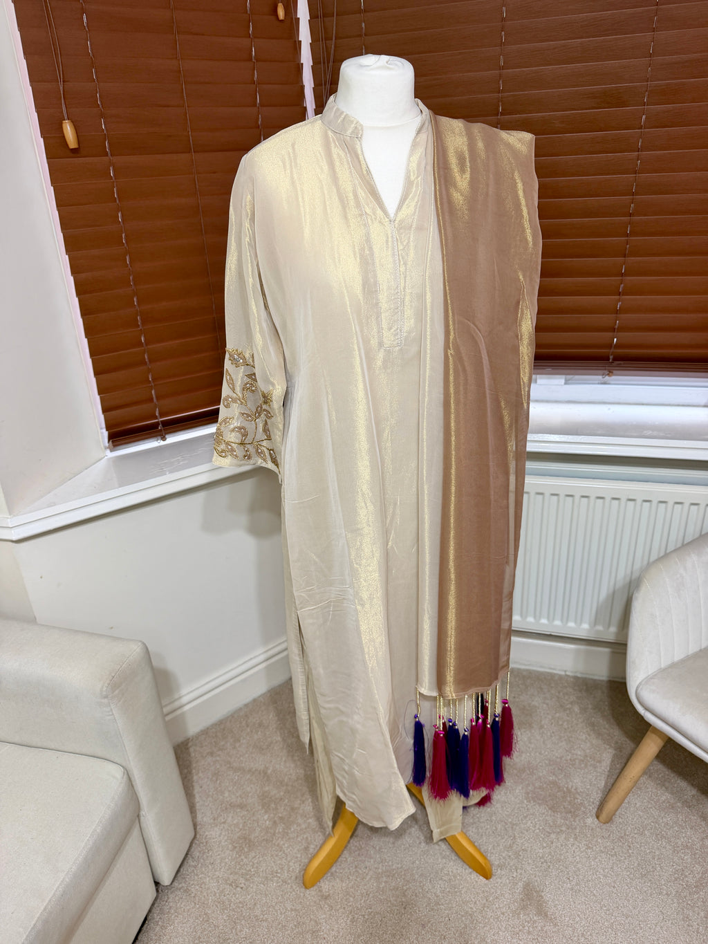Gold Shimmer Sharara with Statement Colourful Tassel Dupatta