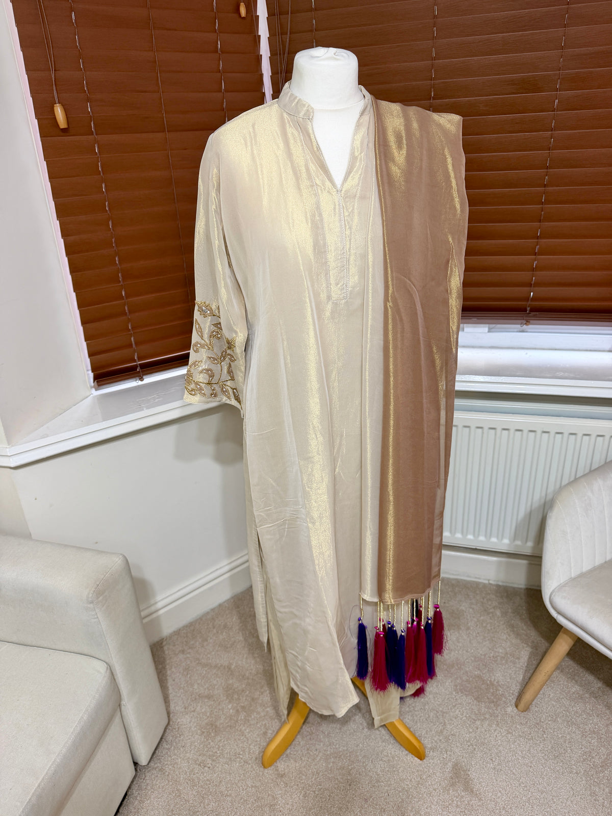 Gold Shimmer Sharara with Statement Colourful Tassel Dupatta