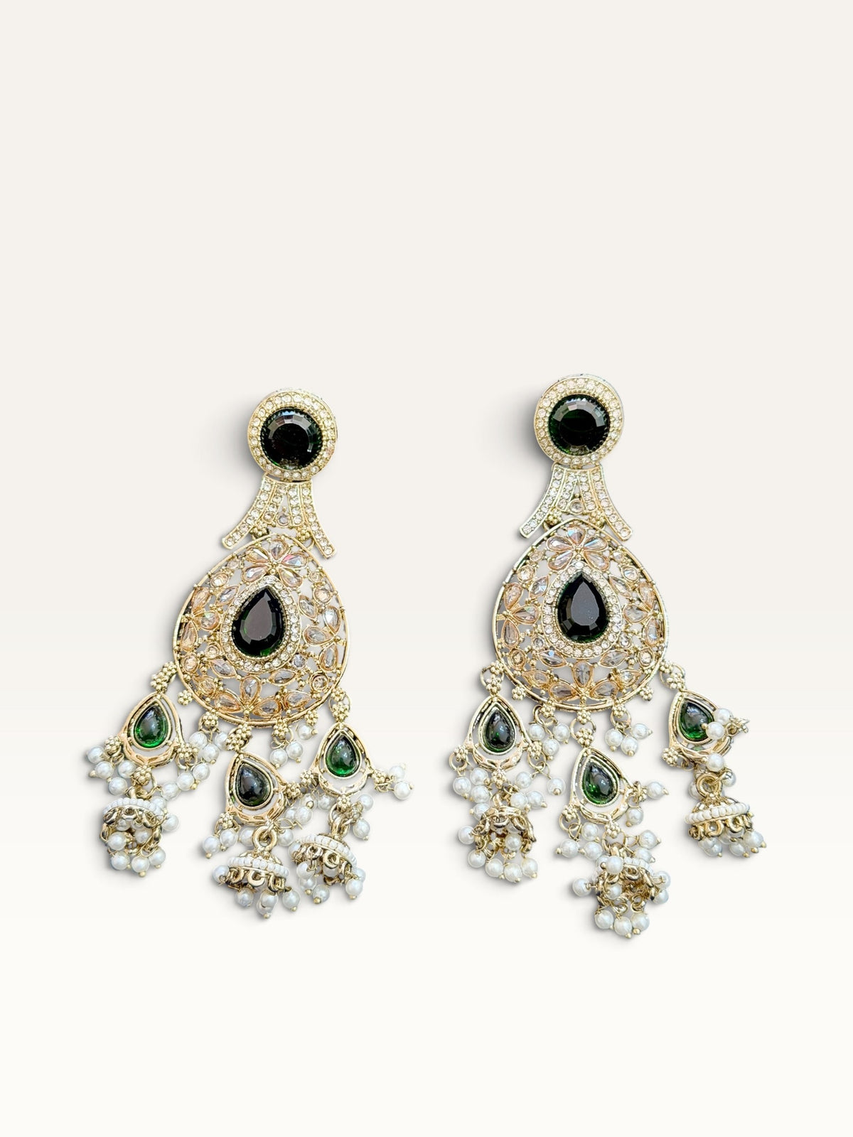 Emerald Green Kundan-Style Chandbali Earrings by Sabby Clothing
