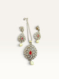 Ruby Red Pearl Polki-Style Earrings & Tikka Set by Sabby Clothing