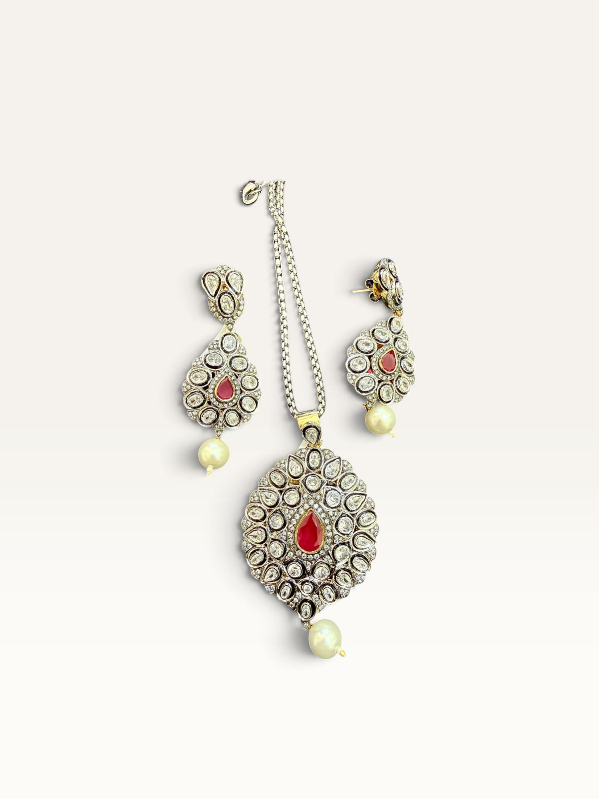 Ruby Red Pearl Polki-Style Earrings & Tikka Set by Sabby Clothing