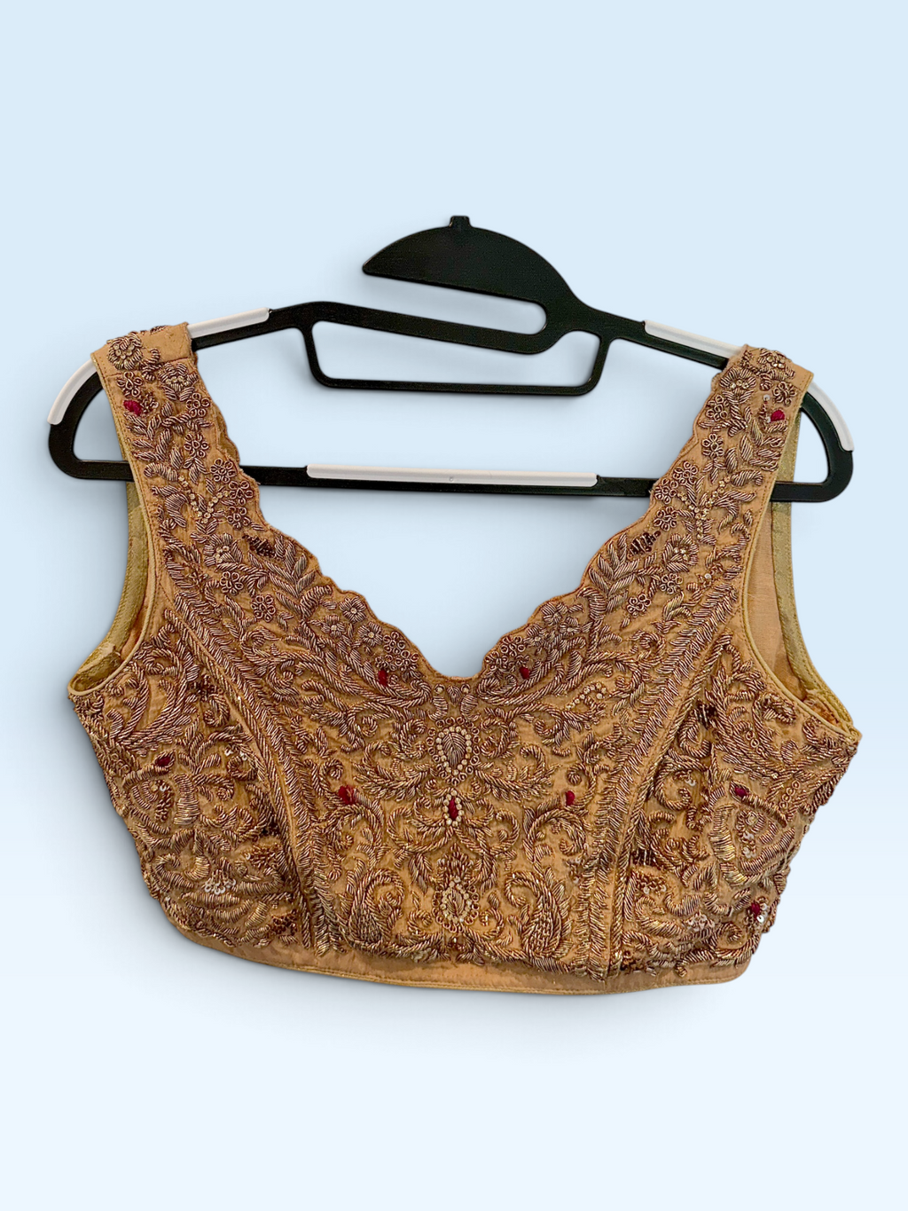 Antique Gold Embroidered Scoop-Neck Blouse – front view