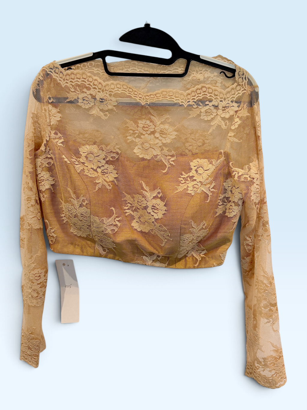 Antique Gold Floral Lace Long-Sleeve Blouse – front view