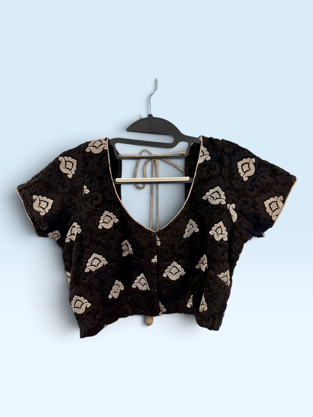 Black & Silver Floral Tie-Back Blouse – front view