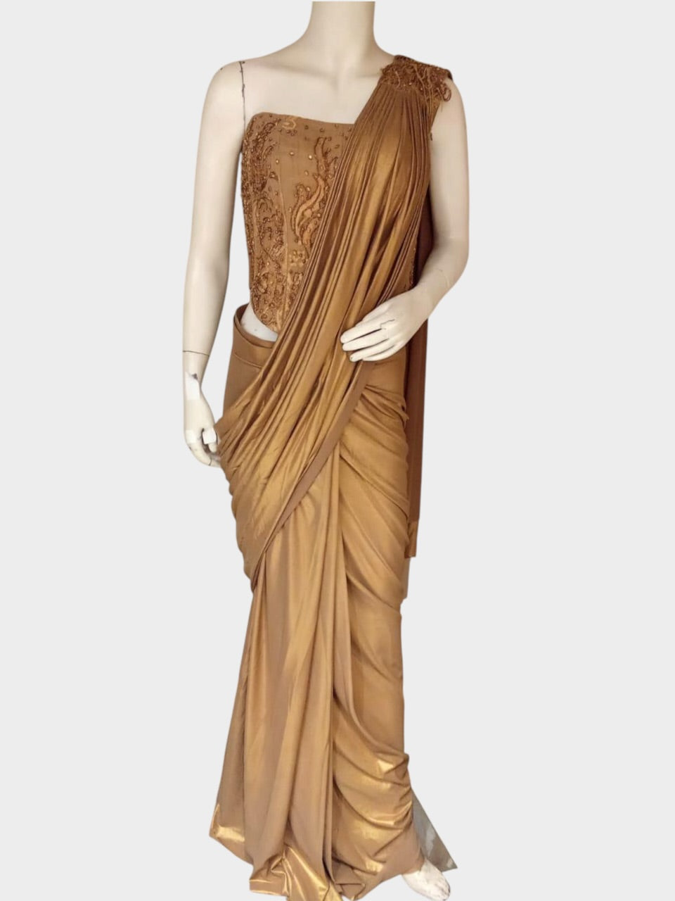 Bronze Satin Draped Saree – Sabby Clothing