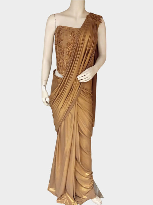 Bronze Satin Draped Saree – Sabby Clothing