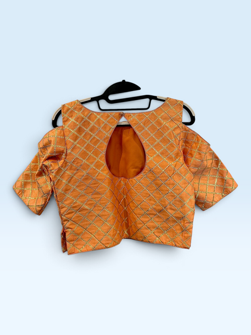 Burnt Orange Gold Lattice Cold-Shoulder Blouse – back view