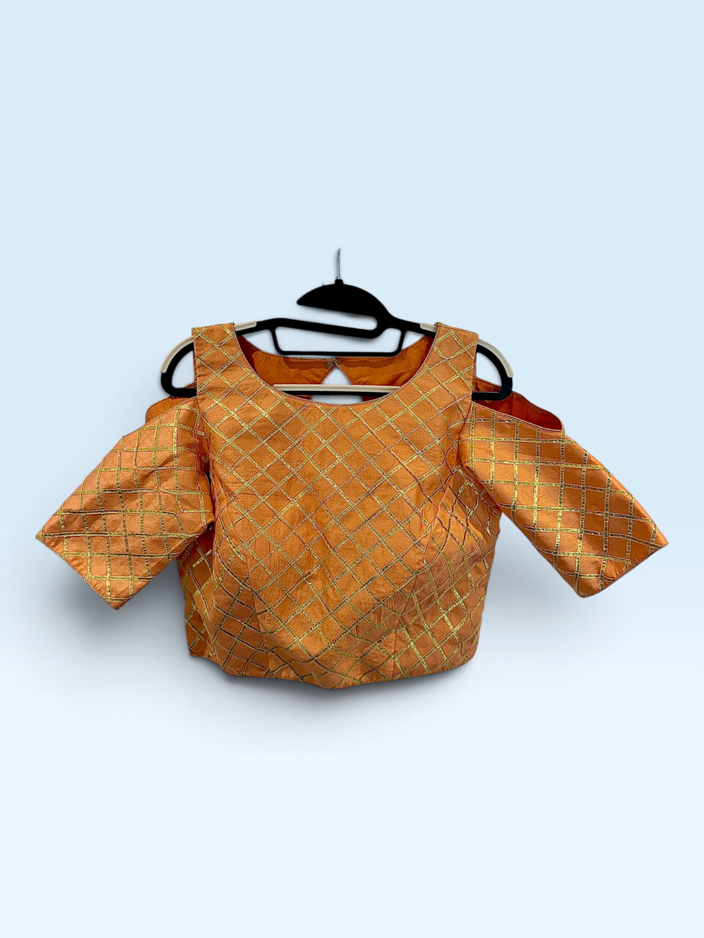 Burnt Orange Gold Lattice Cold-Shoulder Blouse – front view