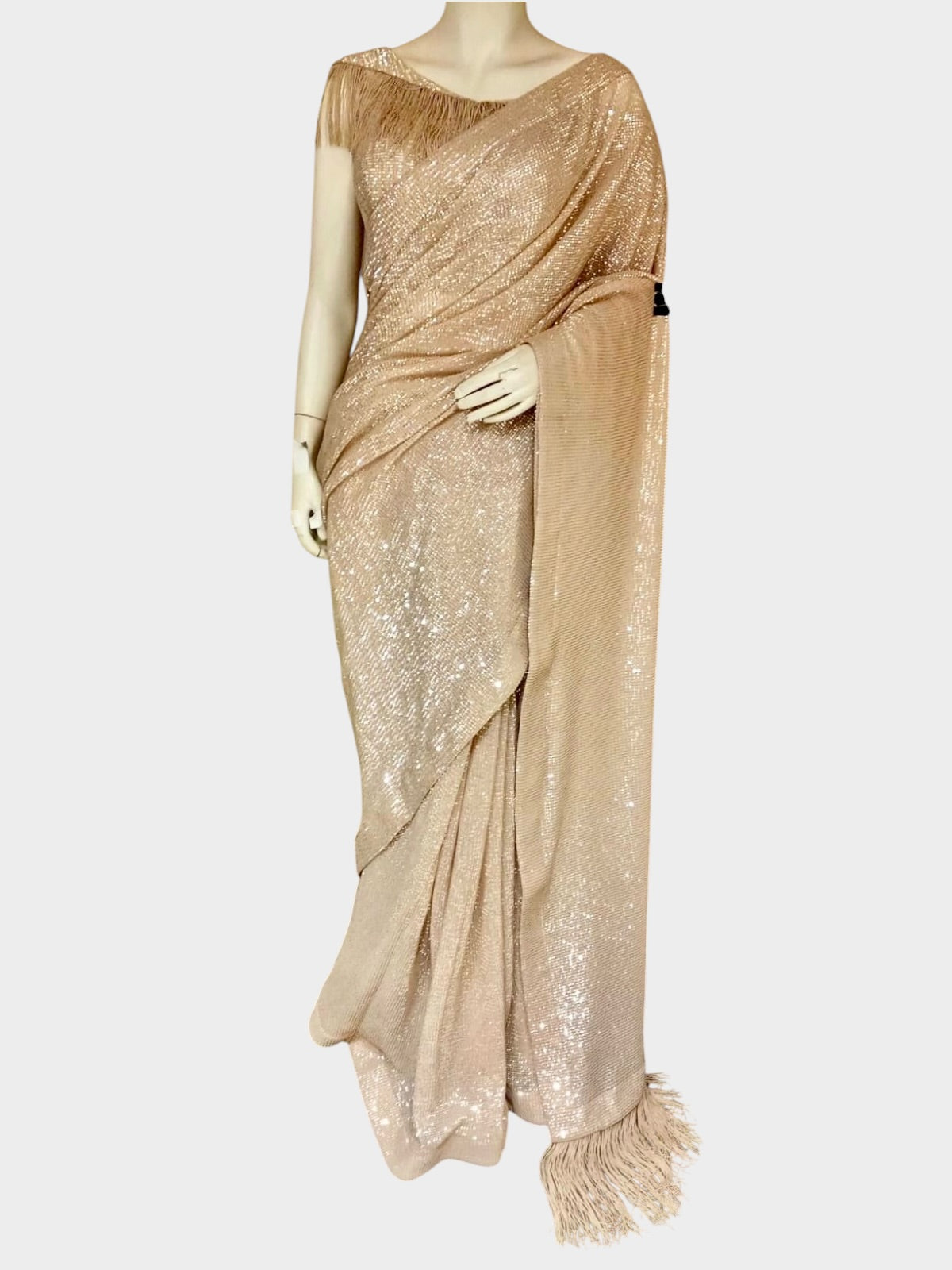 Champagne Sequin Draped Saree – Sabby Clothing