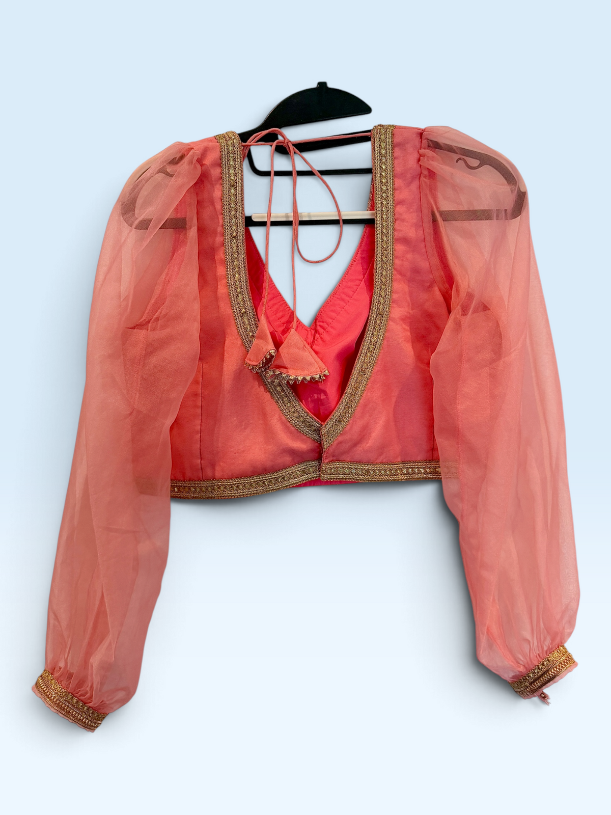 Coral Organza Balloon-Sleeve Blouse – back view