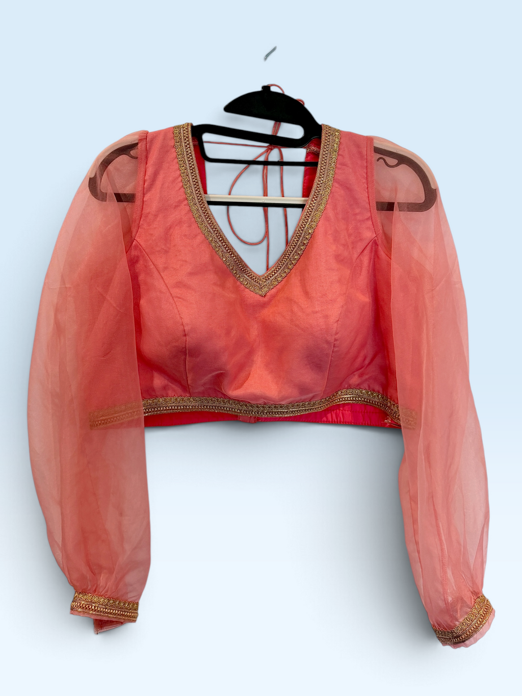 Coral Organza Balloon-Sleeve Blouse – front view