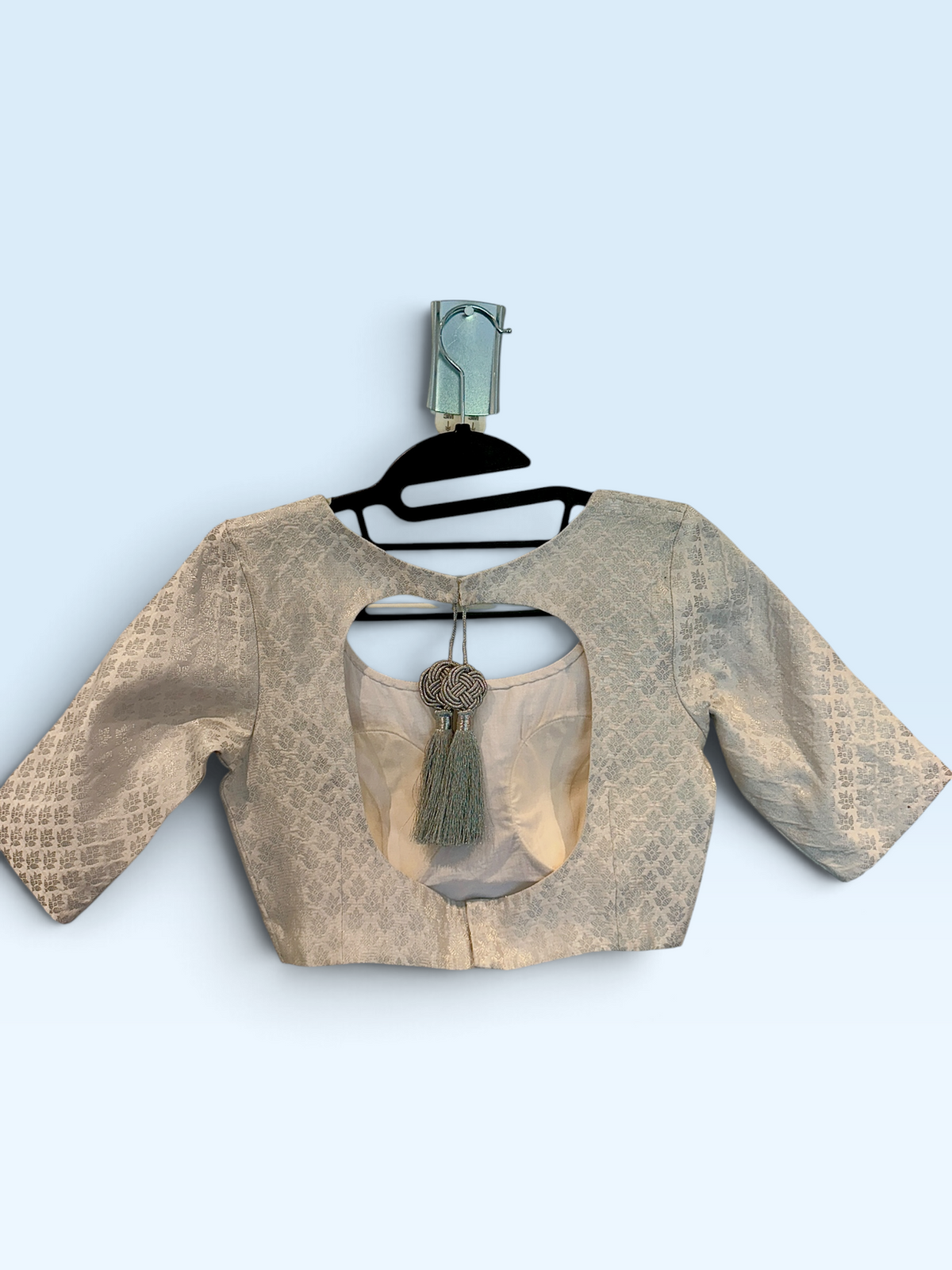 Silver Brocade Elbow-Sleeve Blouse – back view