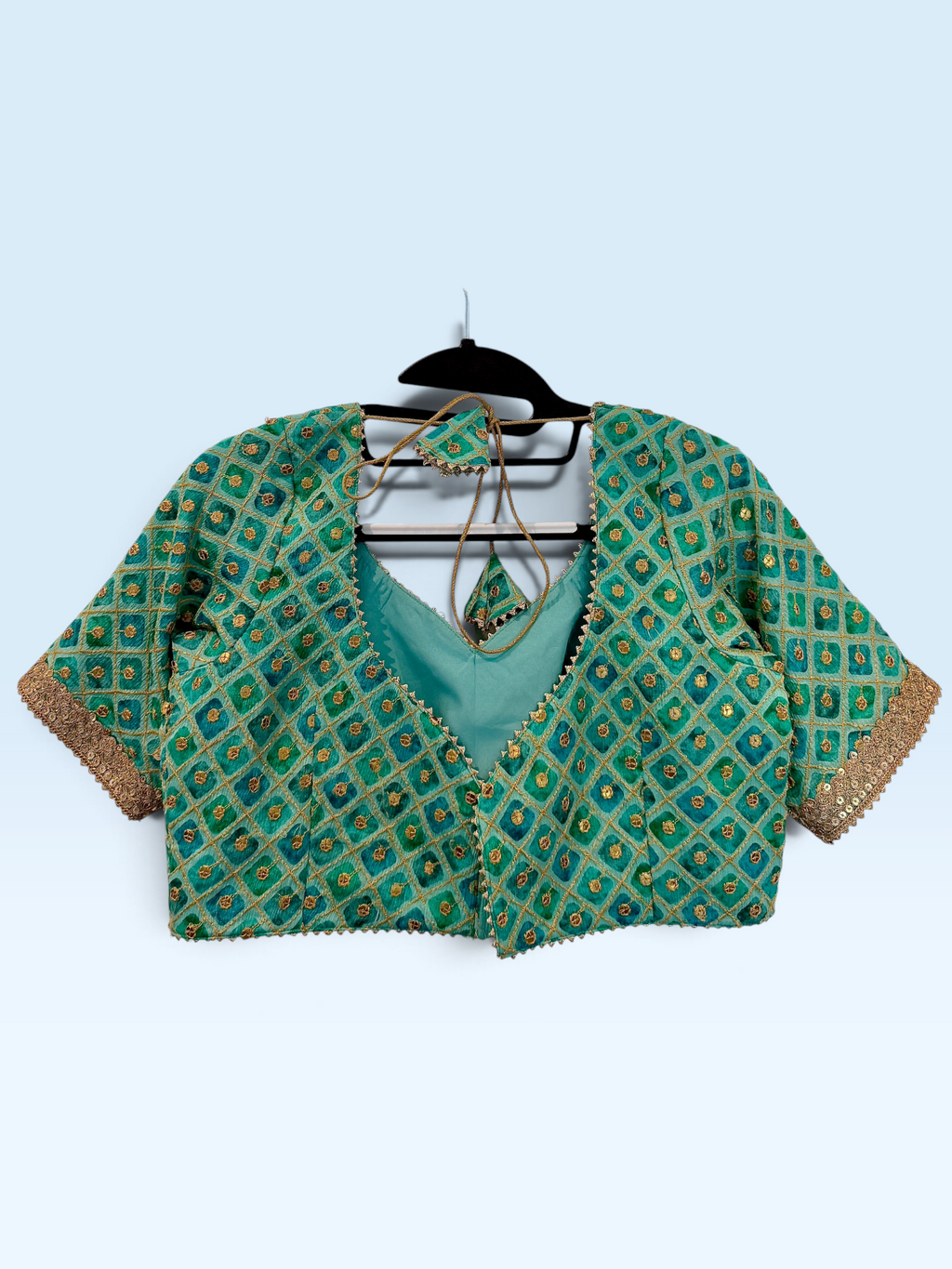 Turquoise & Gold Lattice Blouse – back view