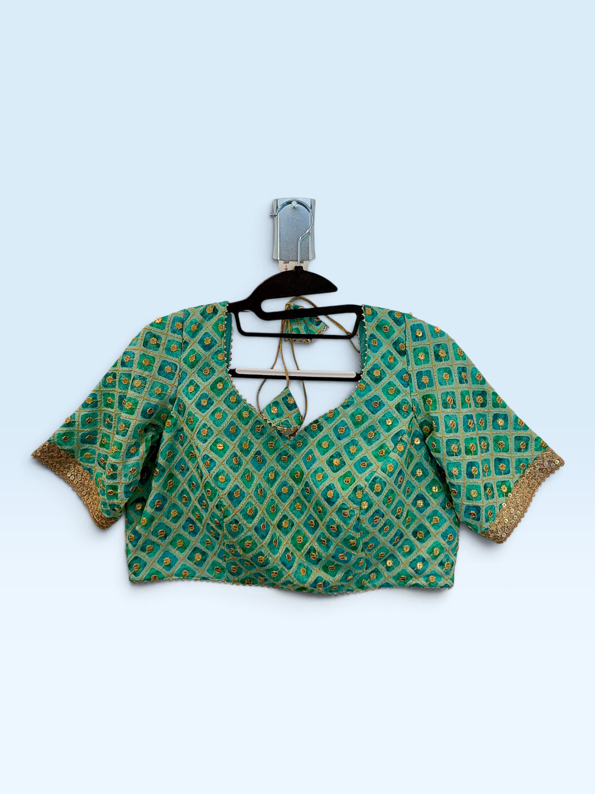 Turquoise & Gold Lattice Blouse – front view